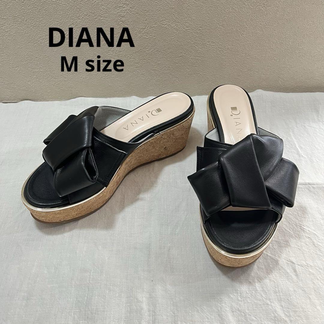 【極美品】DIANA リボン付きブラックレザー厚底サンダルM