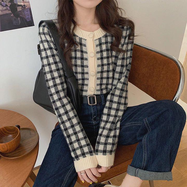 最大10%OFFクーポン 韓国 ギンガムチェック カーディガン 黒 - メルカリ トップス