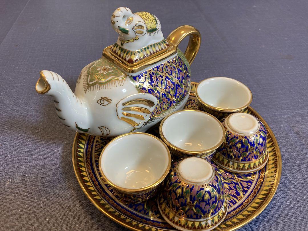 【新品・未使用】象のティーセット(急須、茶器、プレート)タイ製