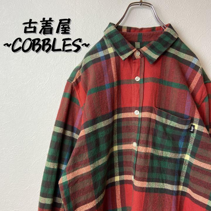 【タータンチェック柄】stussy古着　ワンポイントロゴ長袖ネルシャツ赤L