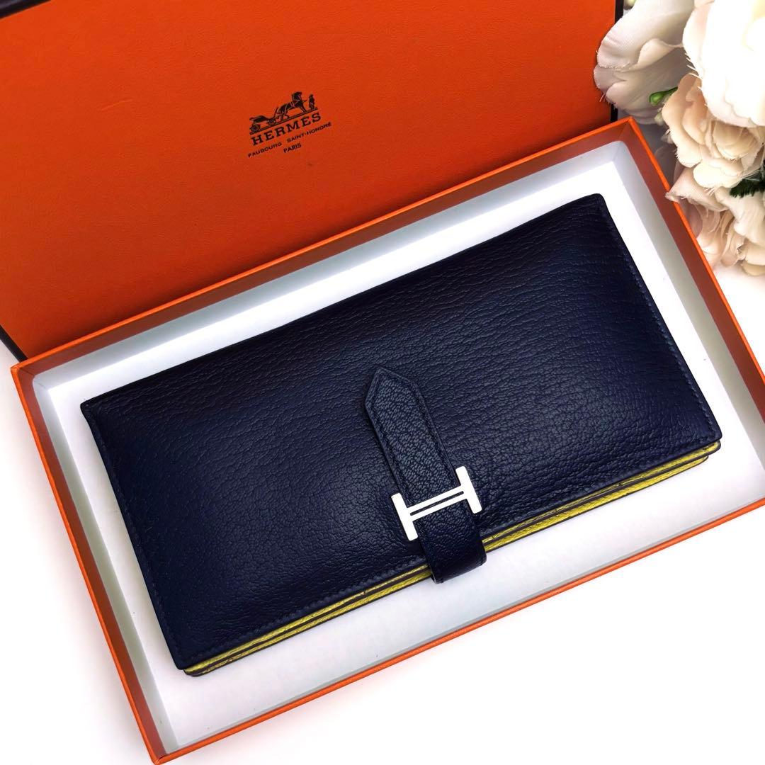 HERMES べアン スフレ 二つ折り 長財布 ネイビー 紺 イエロー 黄色 青 HERMES べアン スフレ 二つ折り 長財布 ネイビー 紺 イエロー 黄色 青