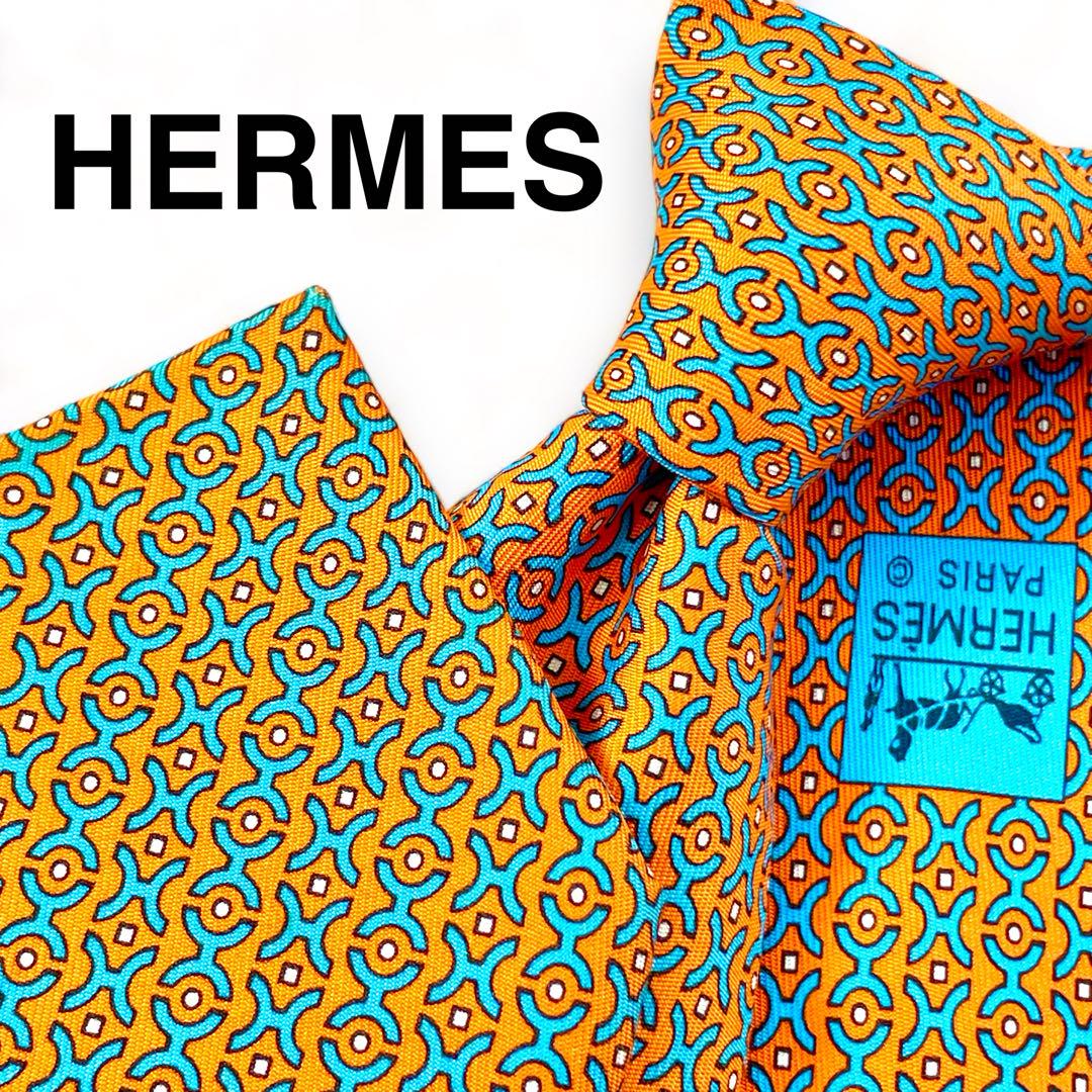 HERMES エルメス H柄ネクタイ橙オレンジ色×水色フランス製シルク100%