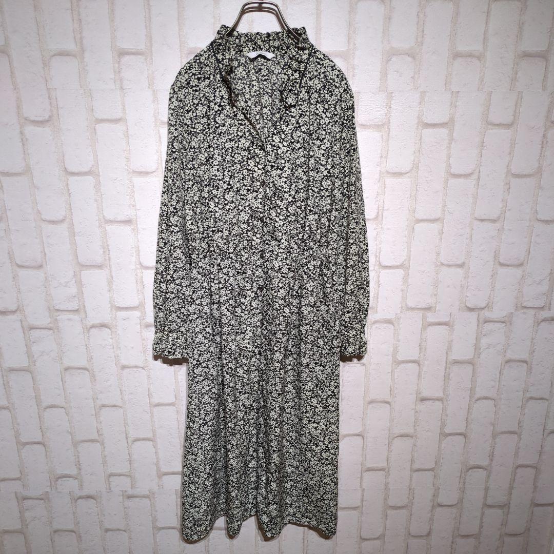良品★amherst シャツワンピース マキシ丈 小花柄 モノトーン 日本製 Mワンピース