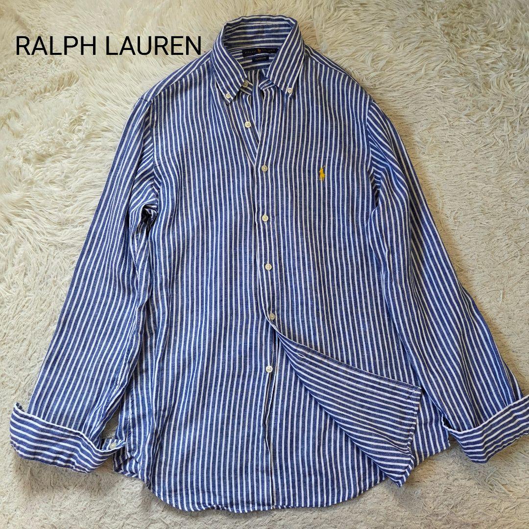 美品 ポロ ラルフローレン リネン100% ストライプ シャツ M相当 ブルー
