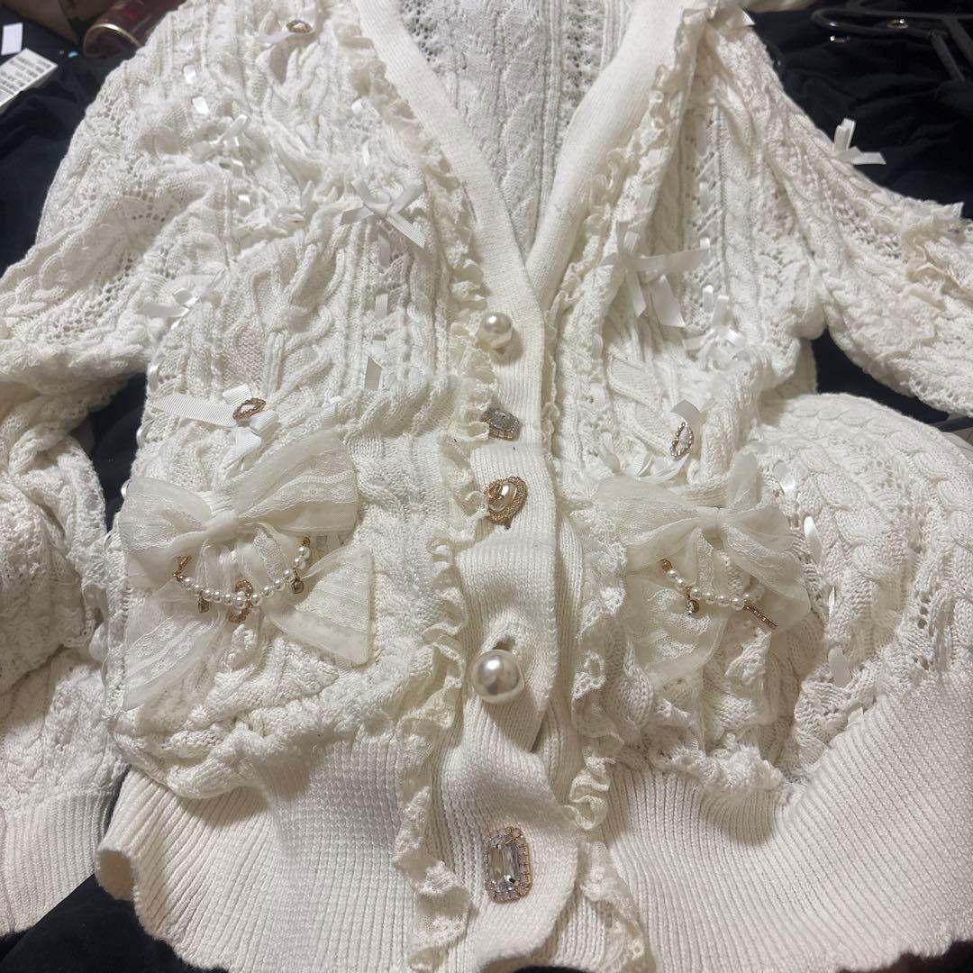 LIZLISA はしごリボン透かしロングカーディガン ホワイト 白 カーディガンM LIZ LISA