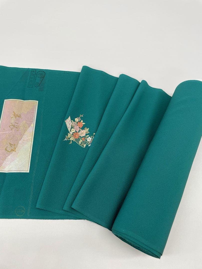 付け下げ 刺繍 共八掛 テールグリーン色 正絹 反物