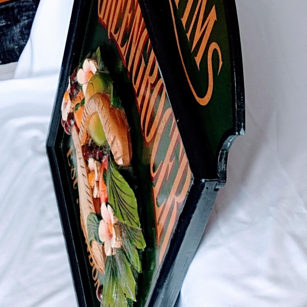 希少 ウォールサイン木製ヴィンテージ青果店 バスケット 果物 野菜 花 立体的