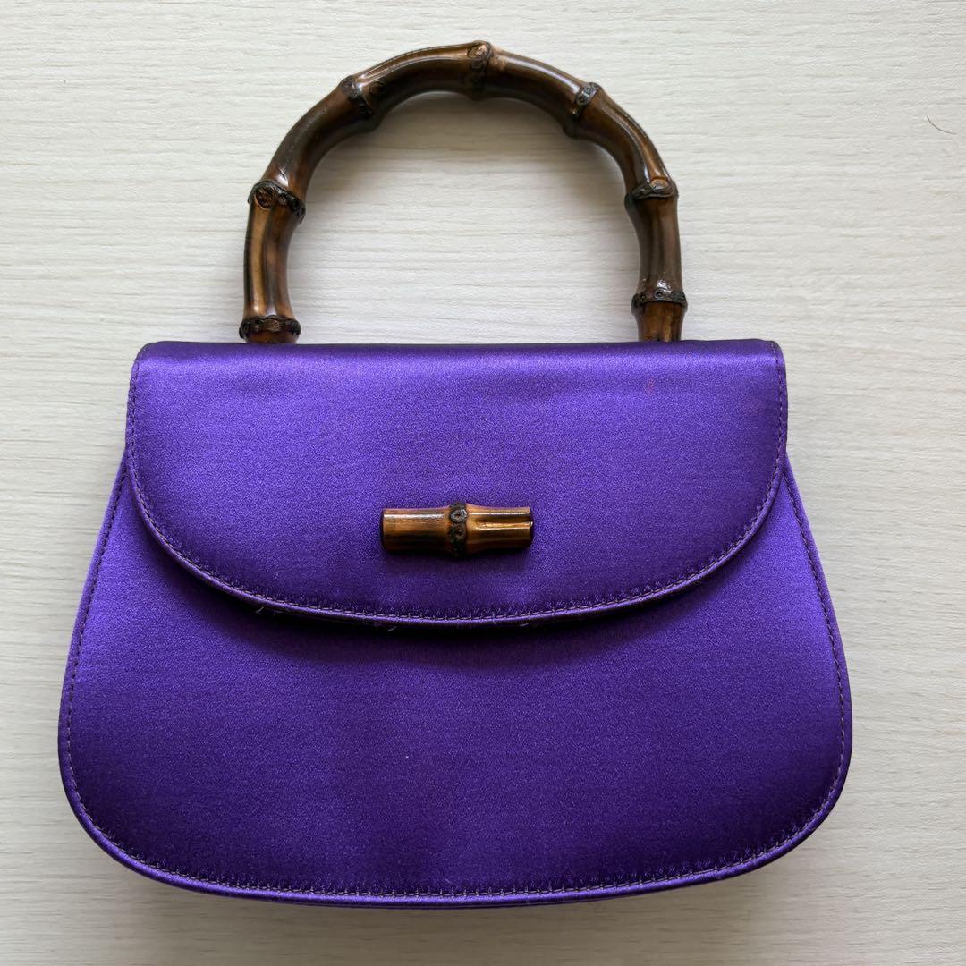 いラインアップ 希少 GUCCI グッチ ヴィンテージ バンブー 紫 サテン ミニバッグ バッグ