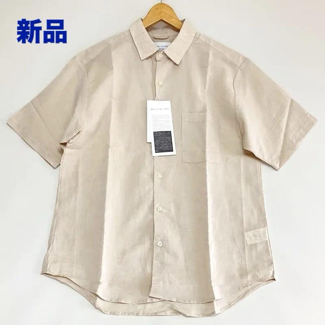 新品 マニュアルアルファベット Loose Fit 綿麻半袖シャツ ベージュ Sトップス