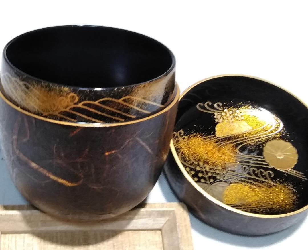 正規代理店 茶道具 山中塗蒔絵師 石井隆鳳作 和紙張流水菊桐蒔絵大棗 超美品 工芸品