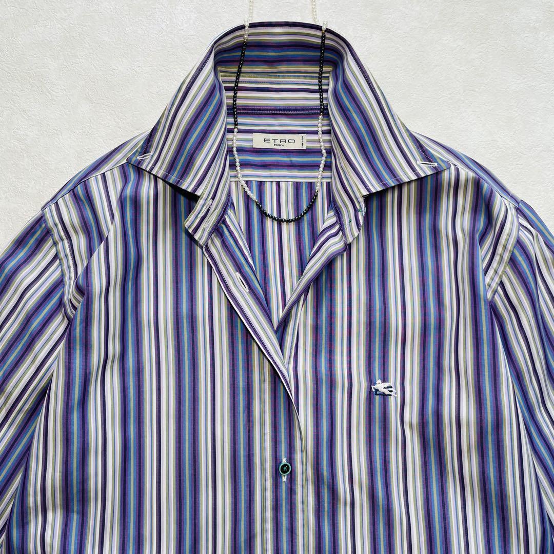 Etro 希少サイズ46 ストライプ シャツ パープル 紫 エトロ 綿100