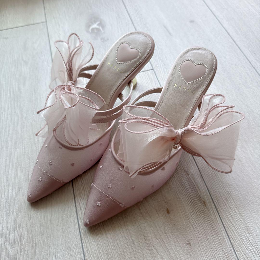 RANDA シフォンリボンハートミュールパンプス ピンク M