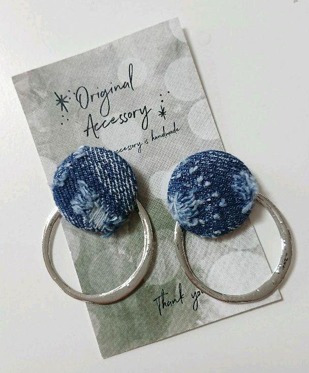 ダメージデニム×変形シルバーフープ2way ピアス イヤリング