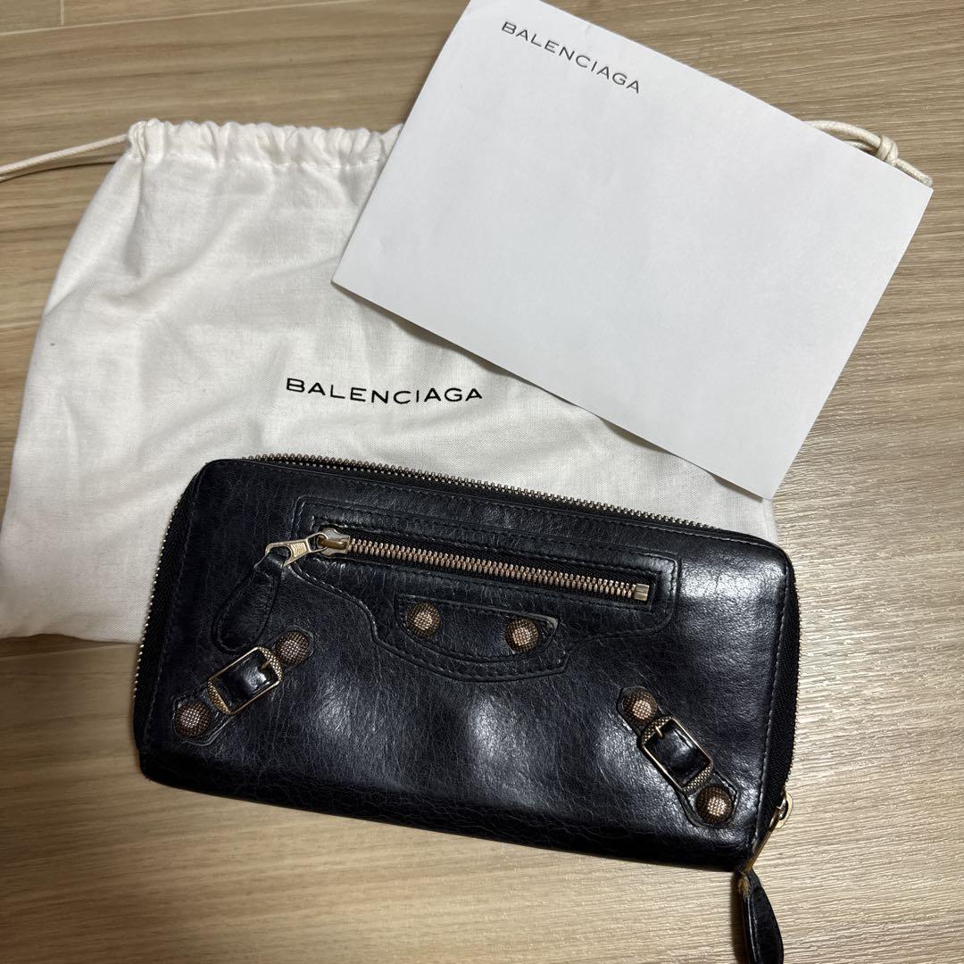 【バレンシアガ】ヴィンテージ　長財布　ウォレット　 財布　ゴールド金具　黒