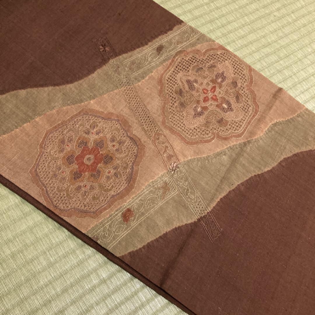 激安単価で 正絹 紬 袋帯 茶 カーキ色 汕頭刺繍 蘇州刺繍 mMWVu-m98105851330 新品限定SALE