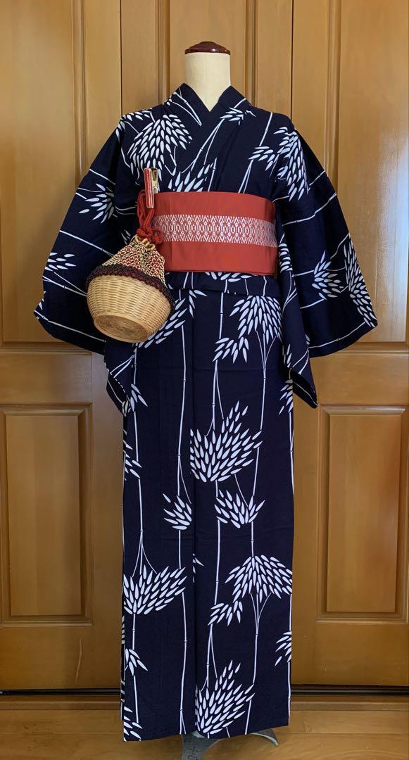 注染手縫　笹の柄の浴衣と博多織の半幅帯とかご巾着セット　七夕夏祭り花火大会お稽古