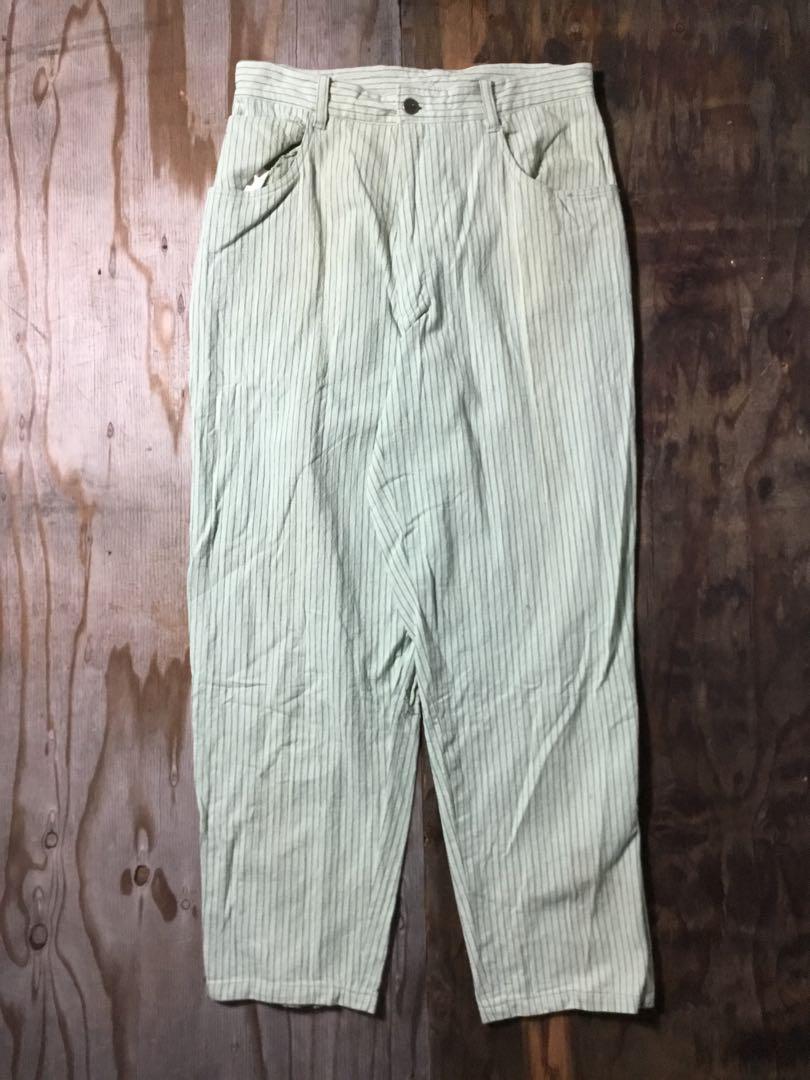 VINTAGE ストライプ ワーク パンツ シンチバック グリーン スラックス