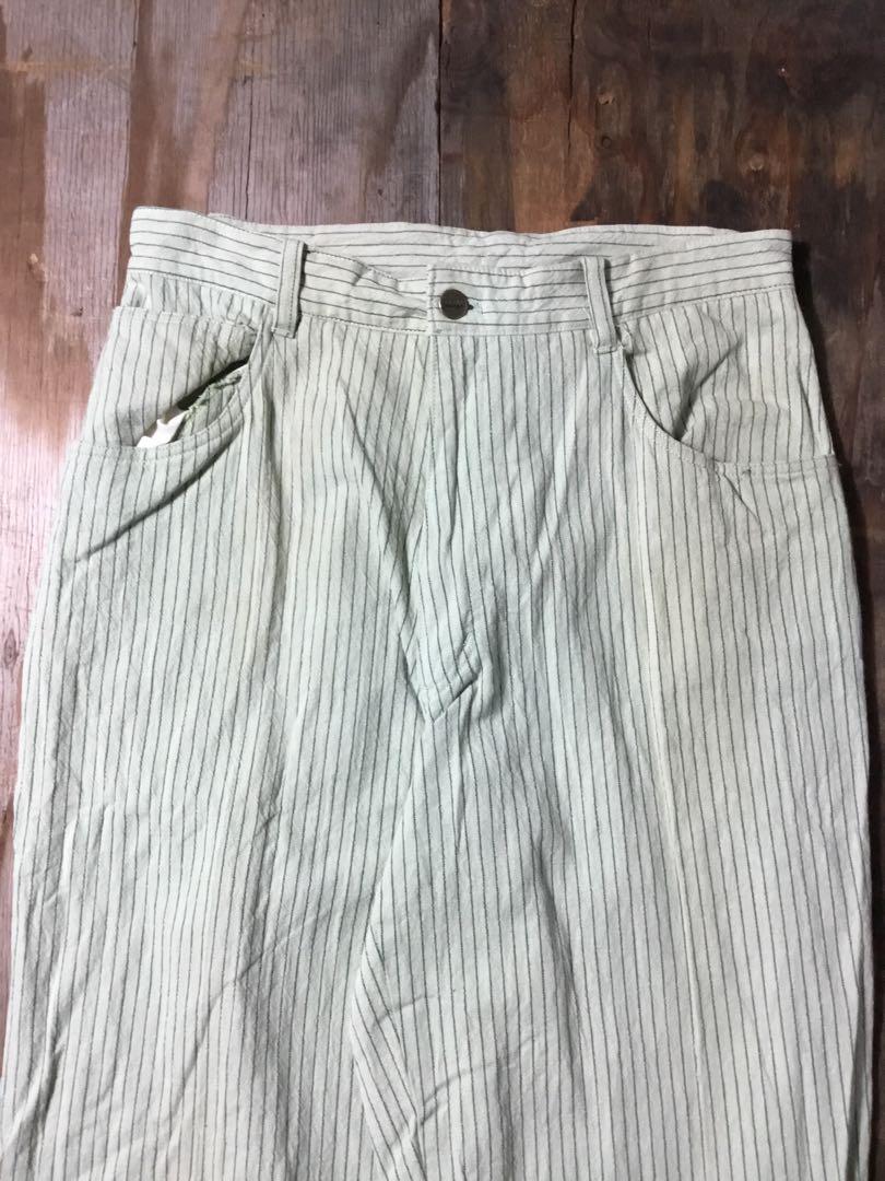 VINTAGE ストライプ ワーク パンツ シンチバック グリーン スラックス