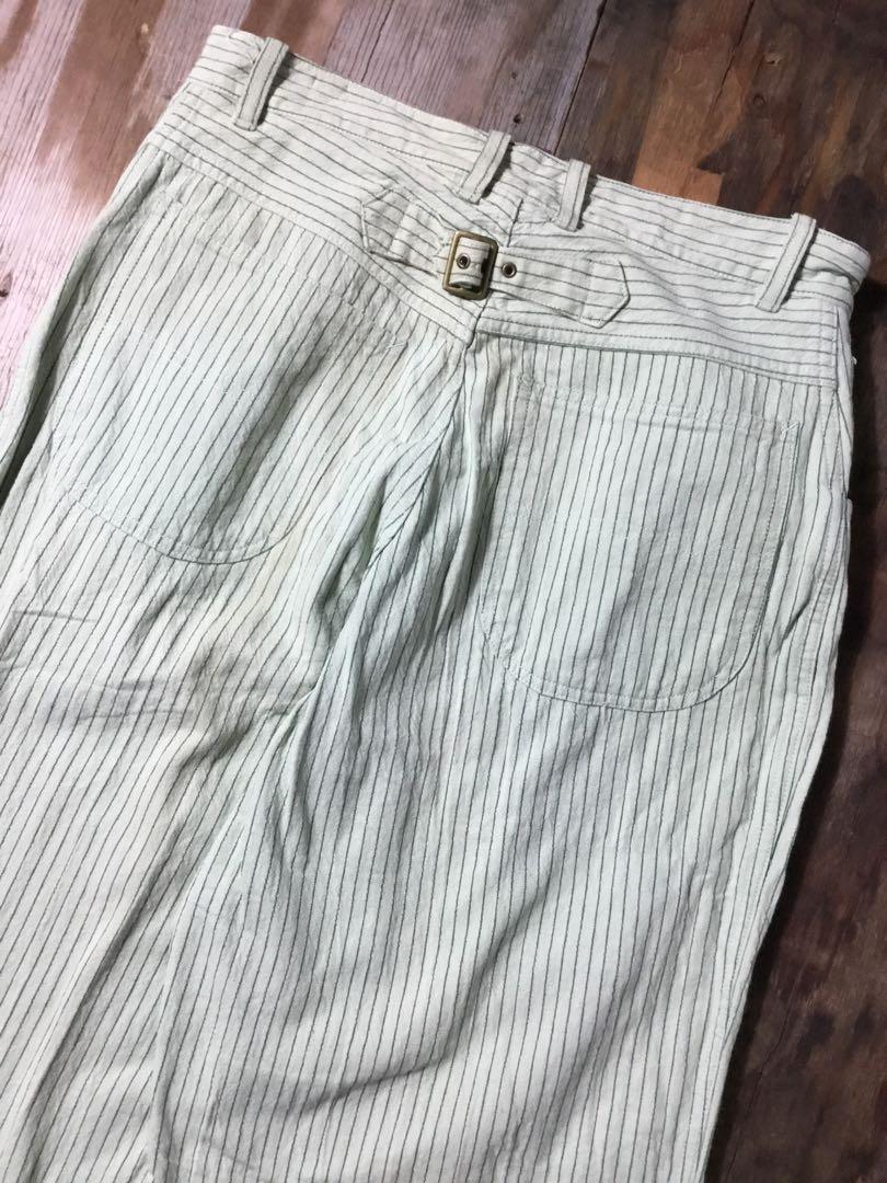VINTAGE ストライプ ワーク パンツ シンチバック グリーン スラックス