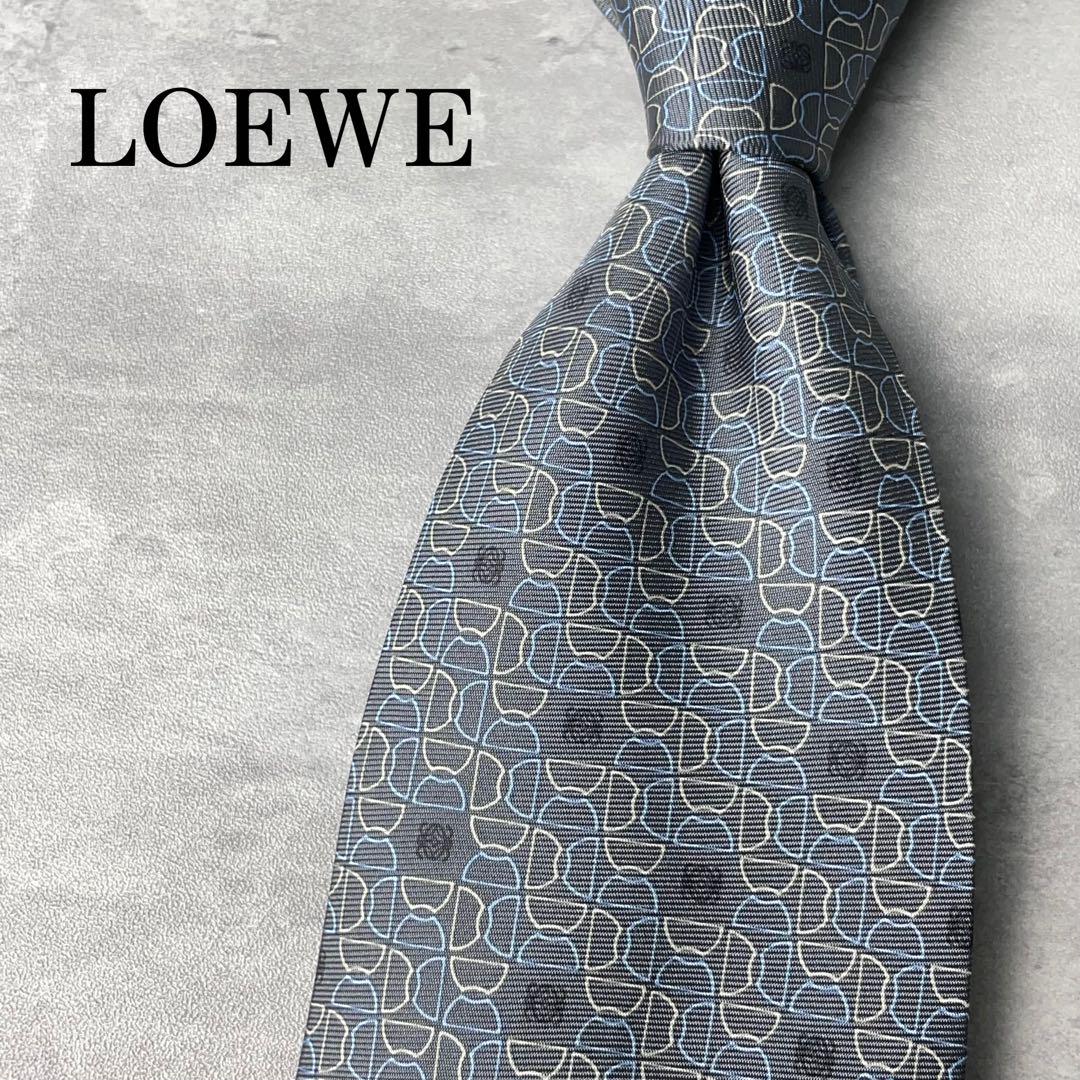 美品 LOEWE ロエベ アナグラム柄 総柄 ネクタイ グレー シルバー