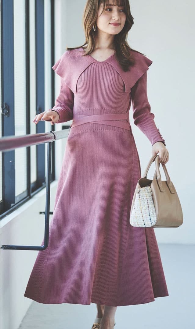 ビックカラーウエストリボンニットワンピース