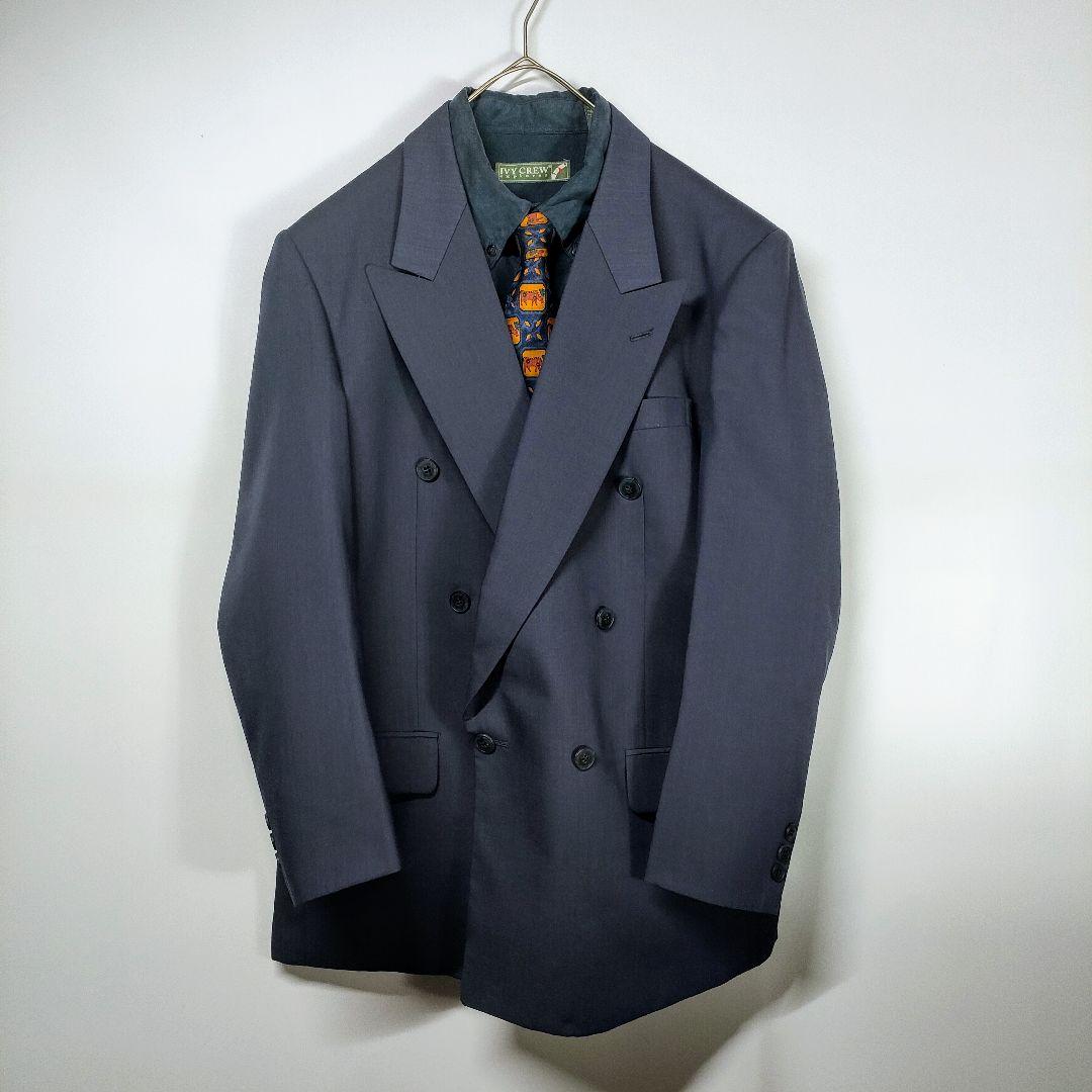 【ネクタイシャツ＋スーツセットアップ　ダブルボタン　くすみ青紫　古着】