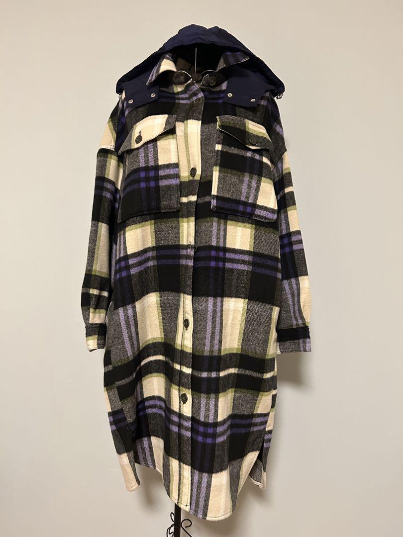 ZARA フード付きチェック柄ロングコート M - メルカリ
