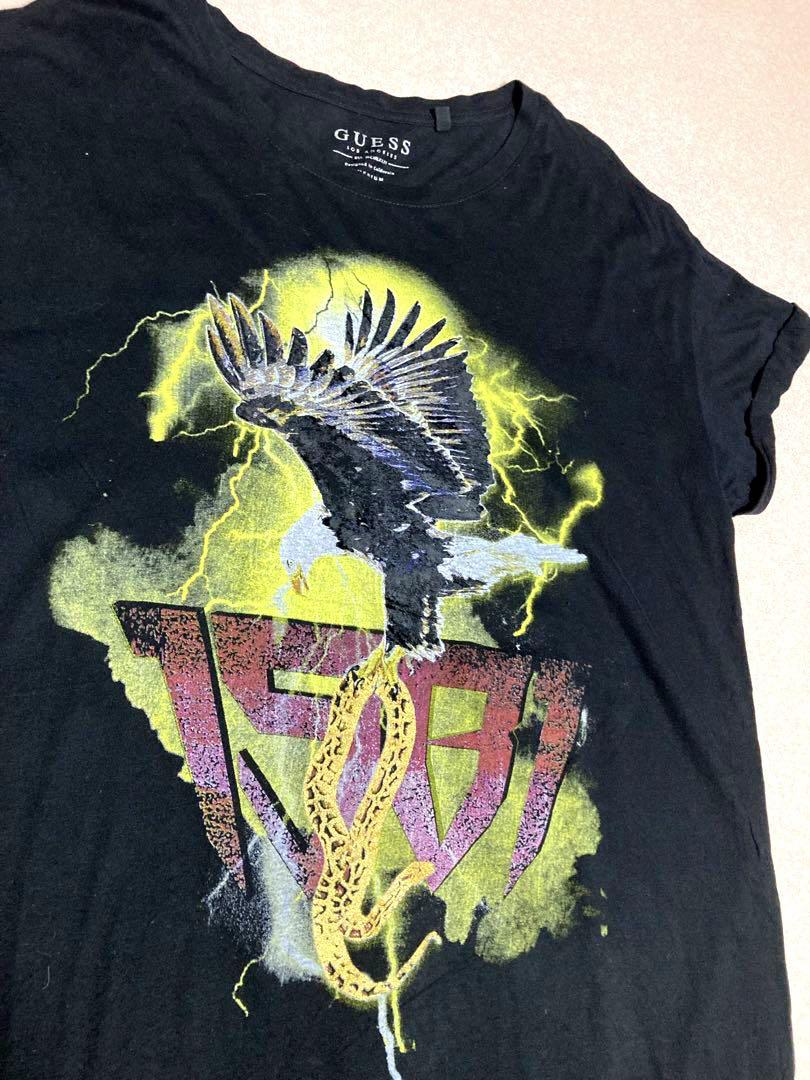 GUESS GOOD プリント Tシャツ 捲り袖 鷲 鷹 蛇 稲妻 BIGサイズ