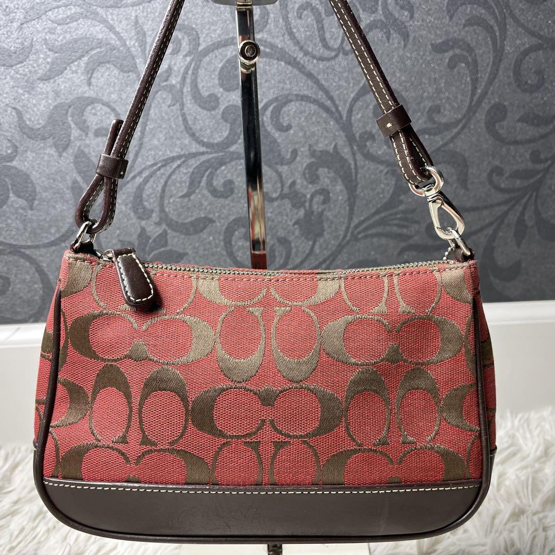 【美品✨】COACH アクセサリーポーチ シグネチャー 赤 茶 ハンドバッグ