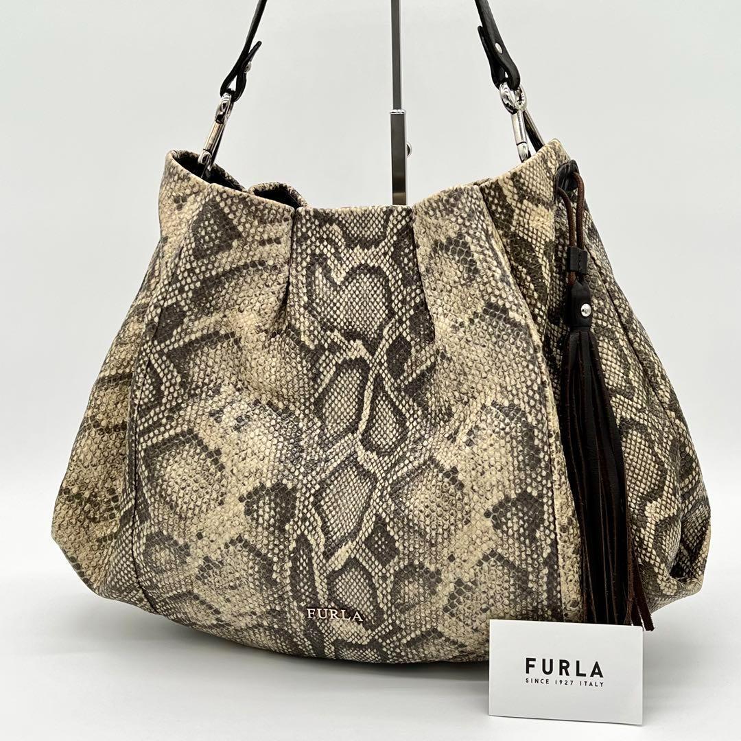 【美品】FURLA ハンドバッグ トートバッグ クロコ型押し レザー ベージュ