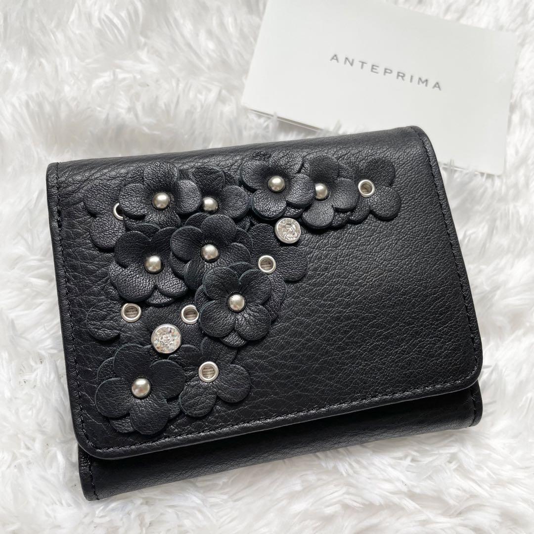 極美品✨アンテプリマ　マッツェット　三つ折り財布　フラワー　レザー　ブラック