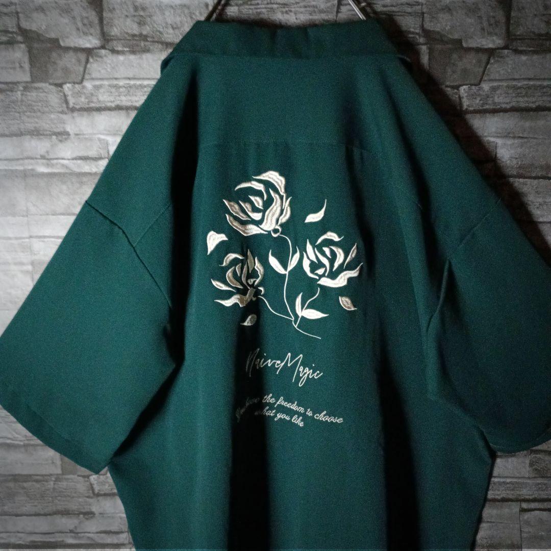 グッドデザイン☆オーバーサイズ半袖ポリシャツ 薔薇刺繍バックロゴ オープンカラー