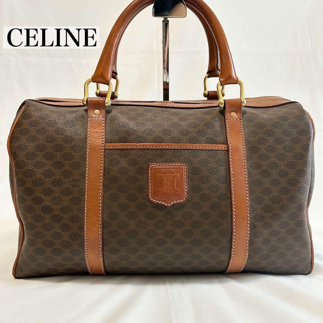 美品 CELINE PVC レザー ボストンバッグ マカダム トリオンフ 茶