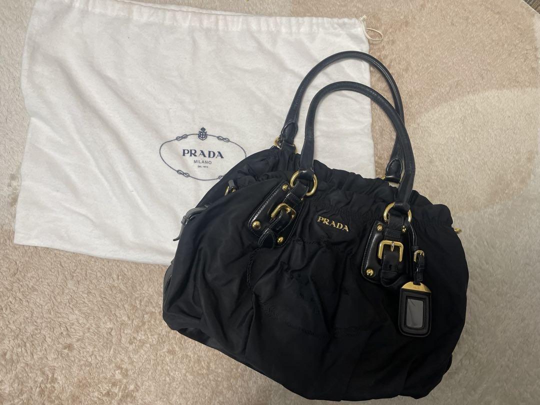 PRADA ジャガード 黒 革タグ ハンド トートバッグ