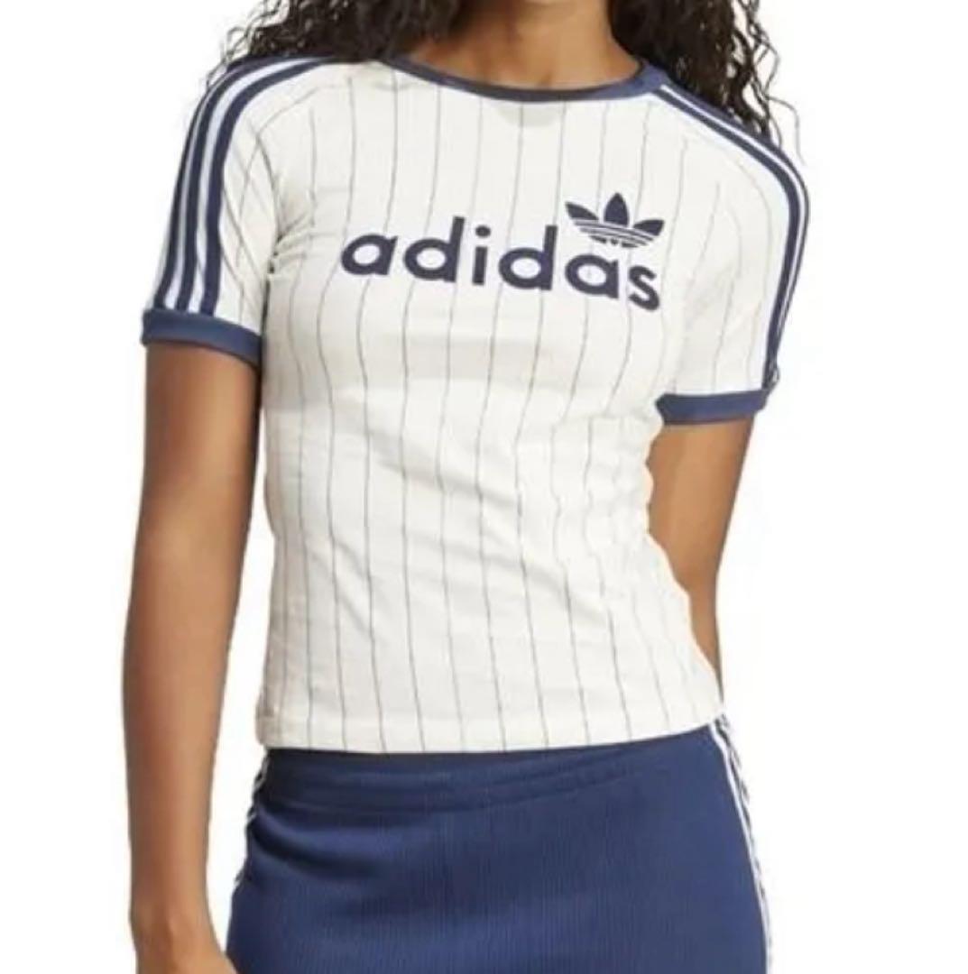 adidas ストライプ Tシャツ ホワイト/ネイビー