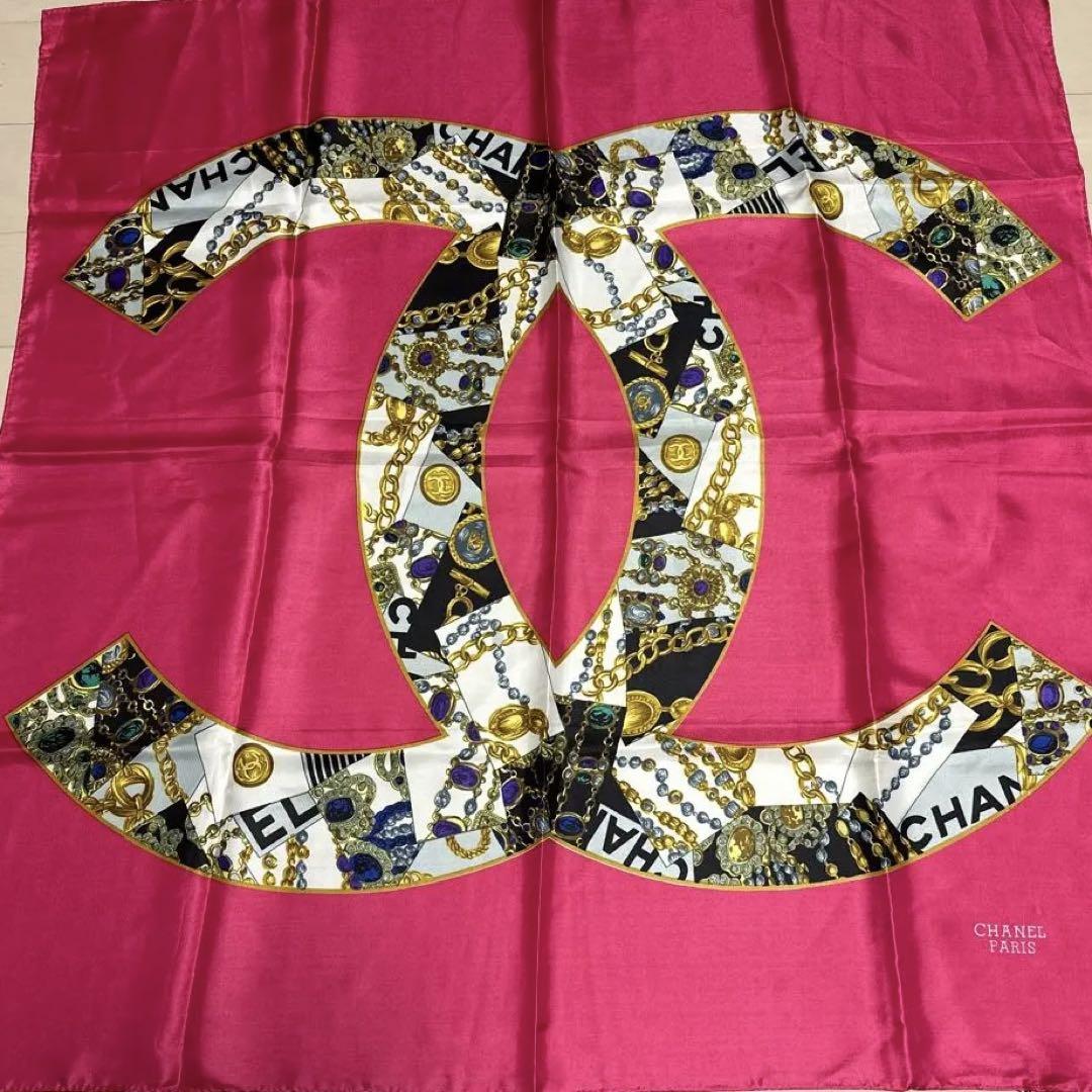 シャネル CHANEL スカーフ シルク ピンク ココマーク 90cm