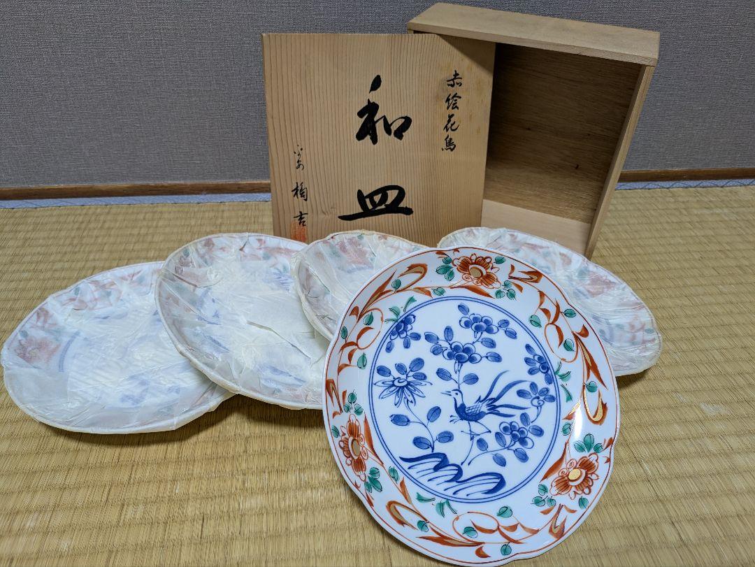 未使用 橘吉 たち吉 赤絵花鳥 5枚 金彩 和皿 木箱 19cm