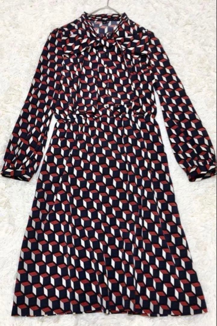 Sov. 総柄シャツワンピース ボウタイ リボン レトロ M