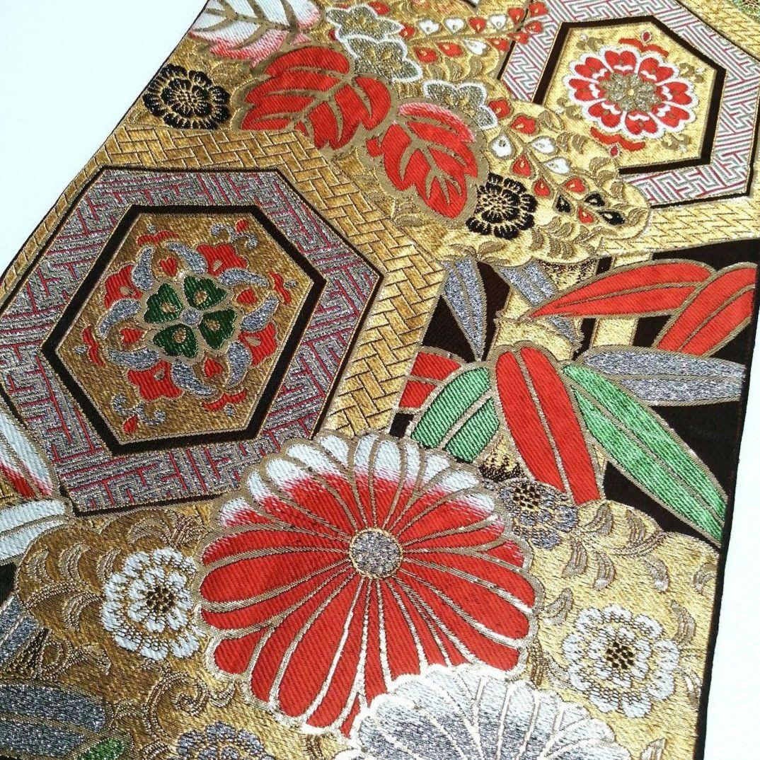 正絹 袋帯 亀甲花模様 刺繍 古典柄 アンティーク 袋帯 - メルカリ