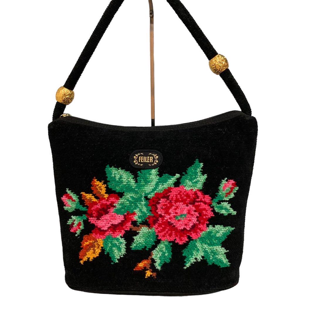 美品 フェイラー ワンショルダーバッグ 肩掛け可 ハンドバッグ 総柄 花柄 美品 FEILER フェイラー ワンショルダーバッグ ブラック