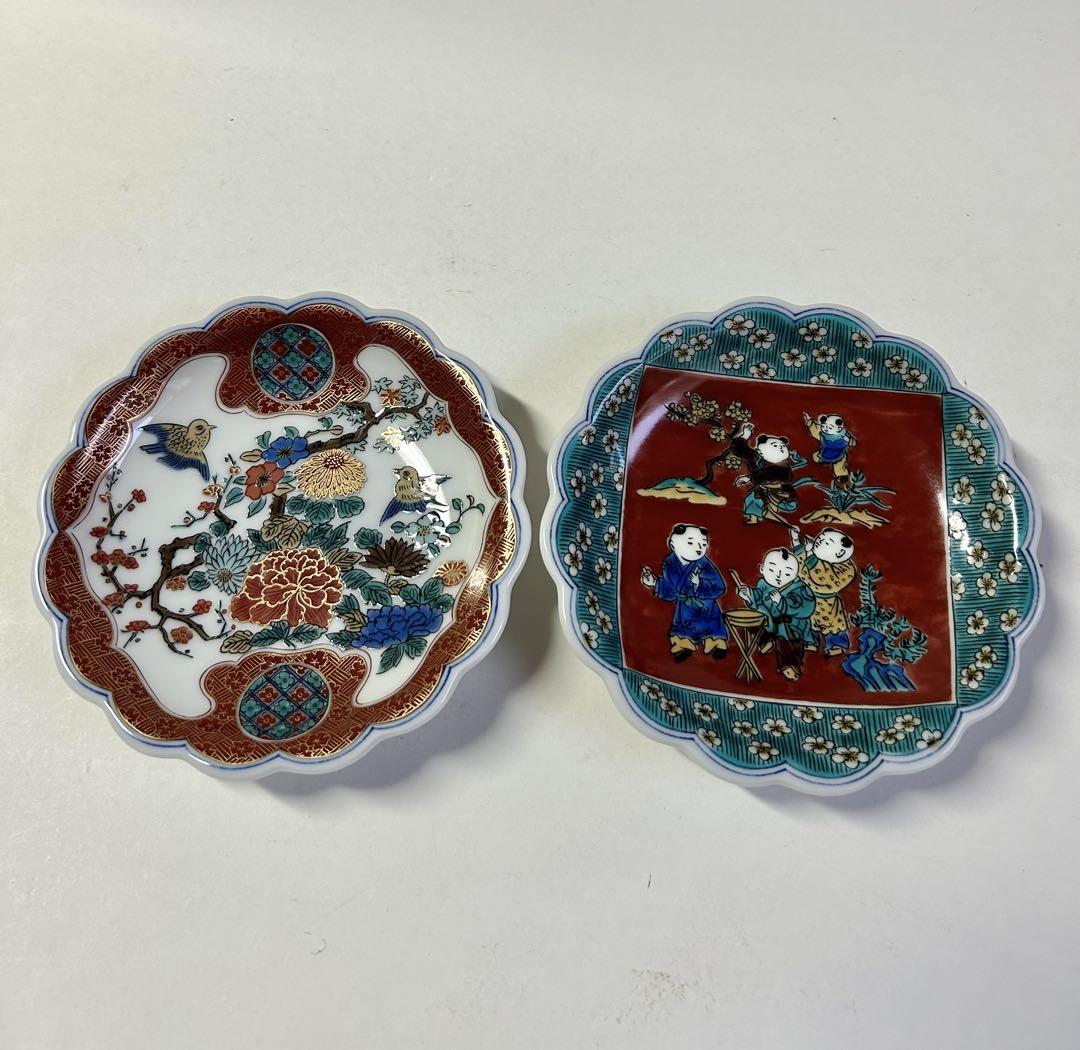 九谷焼　青郊窯　絵変わり　輪花皿　5枚セット　小皿　銘々皿　赤絵　金彩色絵　美品
