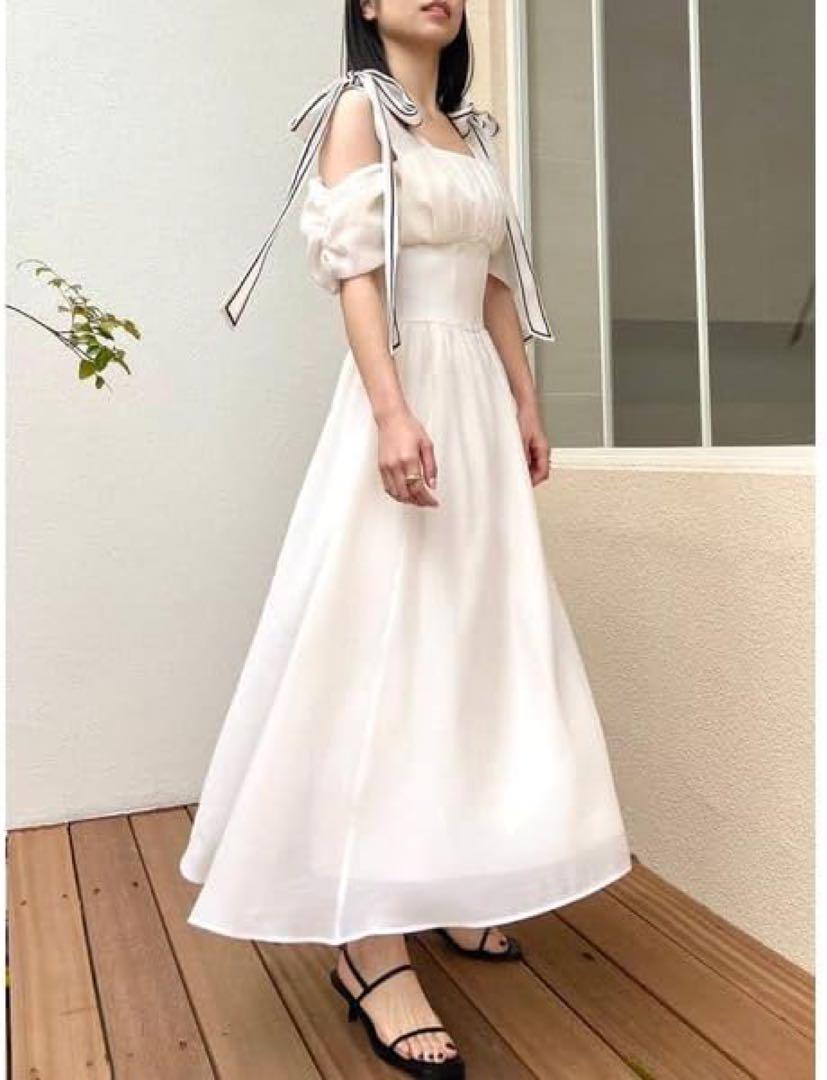 【美品】SNIDEL リボンショルダーウエストリブワンピース ロングワンピース