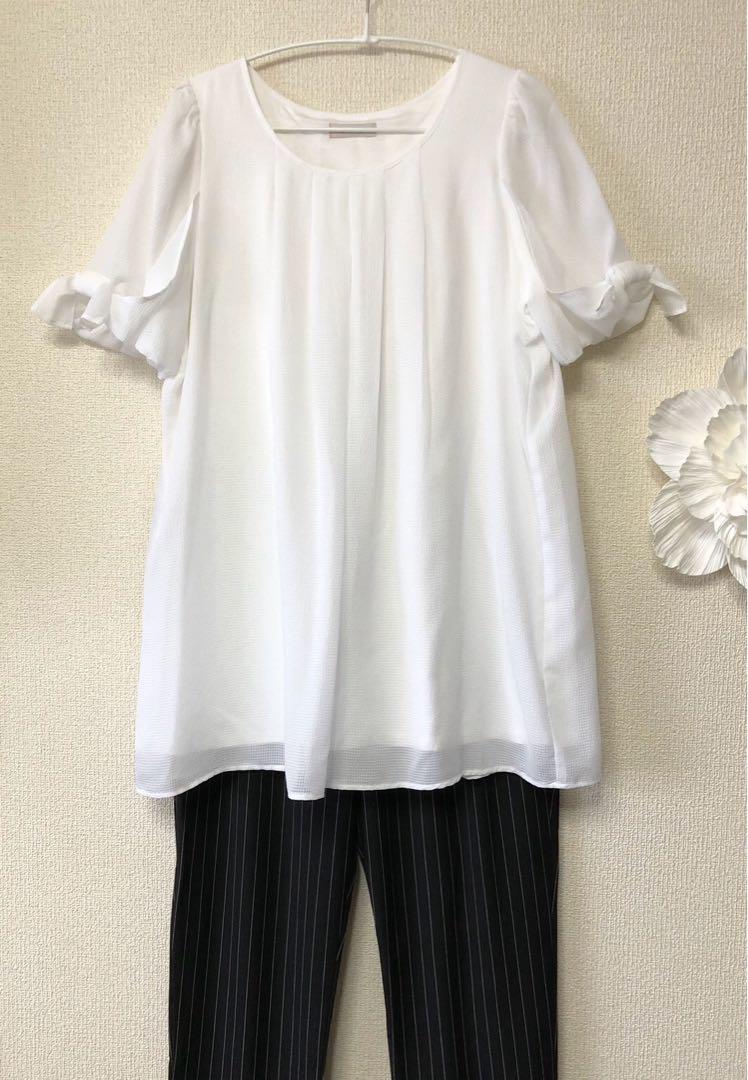 アリスバーリー　シフォン　袖口リボン　半袖チュニック　L11号 白　新品タグ無し