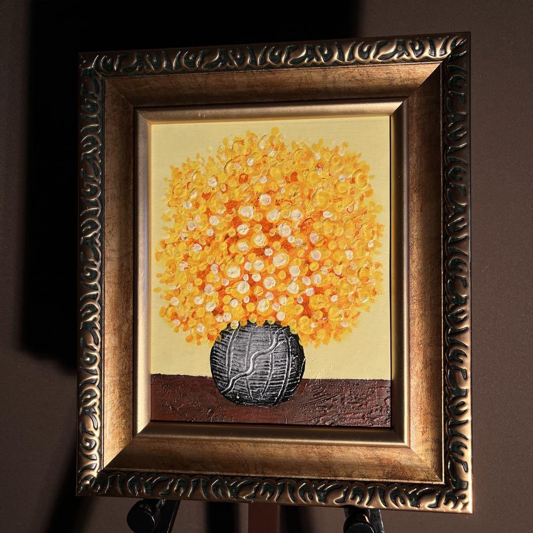手書き油絵 花瓶の花 絵画 額付き インテリア 油彩画