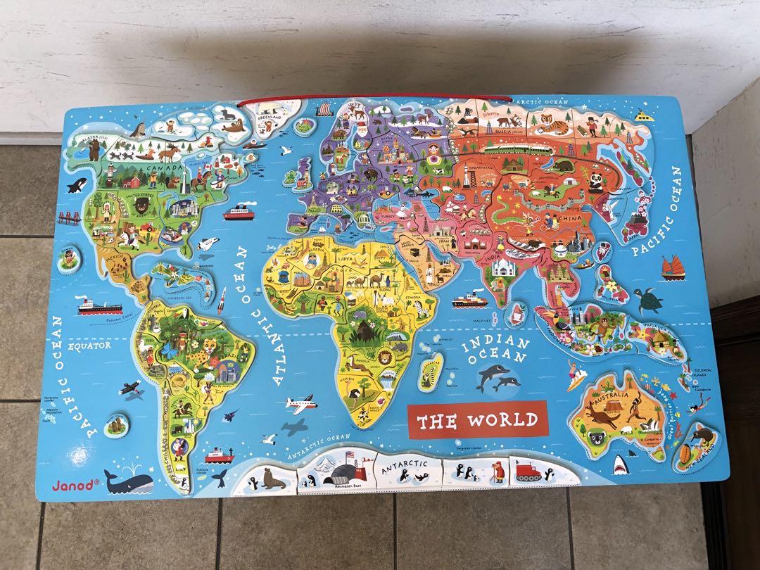 【美品】【定価1.8万】ジャノー　janod マグネット・ワールドマップ・パズル はじめての世界地図 パズルワールドマップ マグネット JANOD