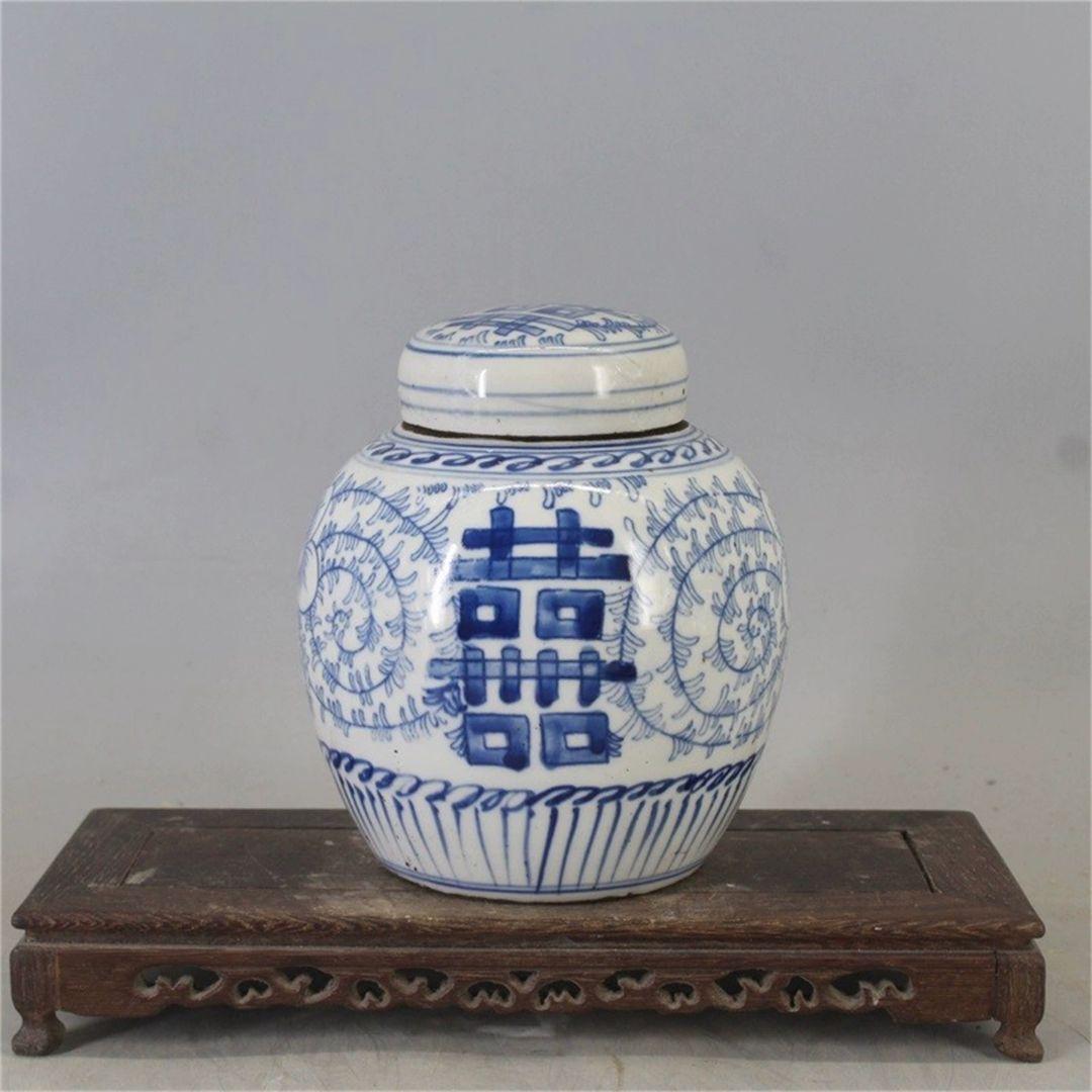 青花磁器喜字缶二重喜蓋缶 景徳鎮 陶磁器 装飾品 現代工芸品 美術品