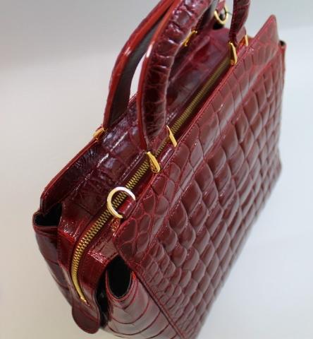 クロコダイル バッグ 本物 レッド ハンドバッグ ショルダー シャイニング加工