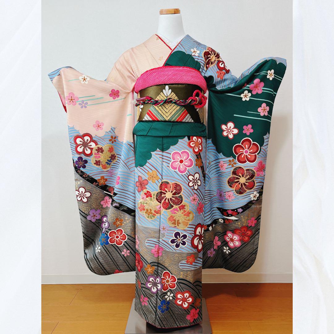 振袖フルセット　トールサイズ　長襦袢付き　刺繍半衿縫い付け済み　成人式　前撮り 訳あり大特価】振袖フルセット長襦袢付き 刺繍半衿縫い付け済み