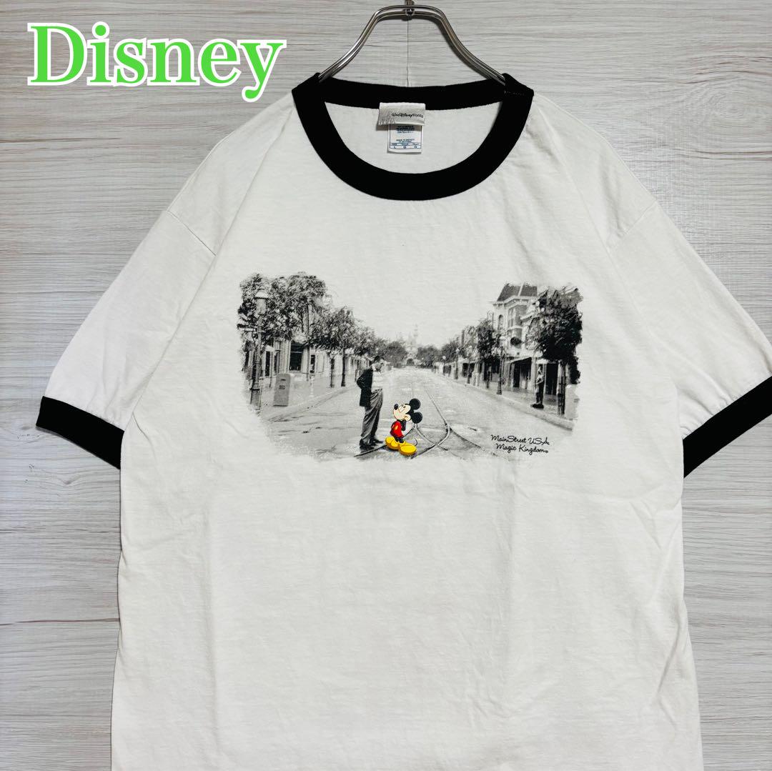 【希少デザイン】ミッキー　ウォルトディズニー　リンガー　Tシャツ　Lサイズ　レア