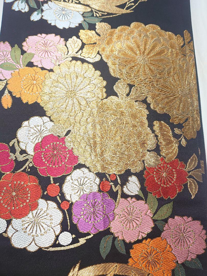 美品　撫松庵子ども用袋帯　黒地金色華やか花　十三参り　七五三